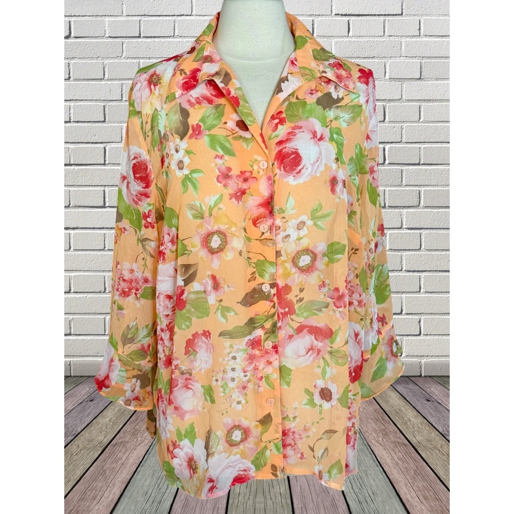Notations NEW Pink Floral Tunic Top Sz 1X Ruffled 3/4 Sleeve Button Up Collared